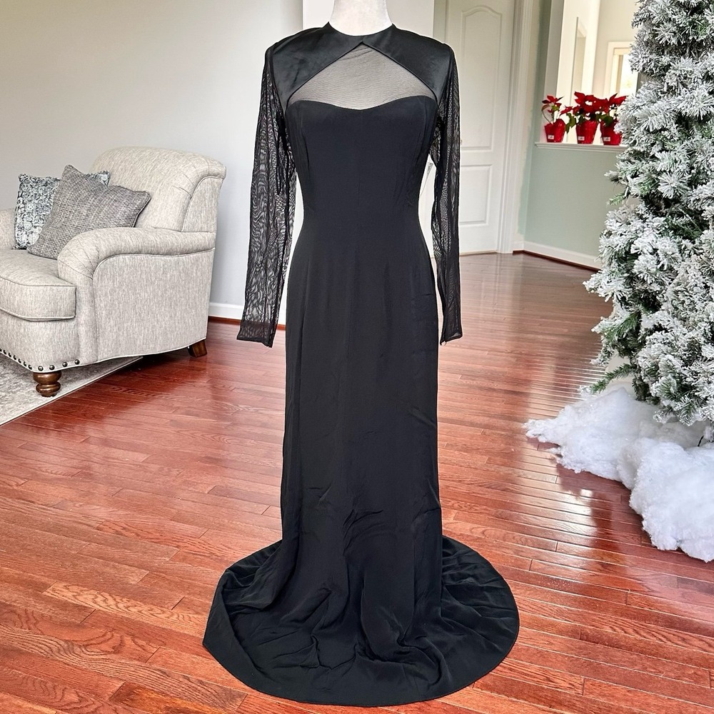 NWT Oleg Cassini Black Tie Black Mesh Long Sleeve Maxi Gown Dress Size 12